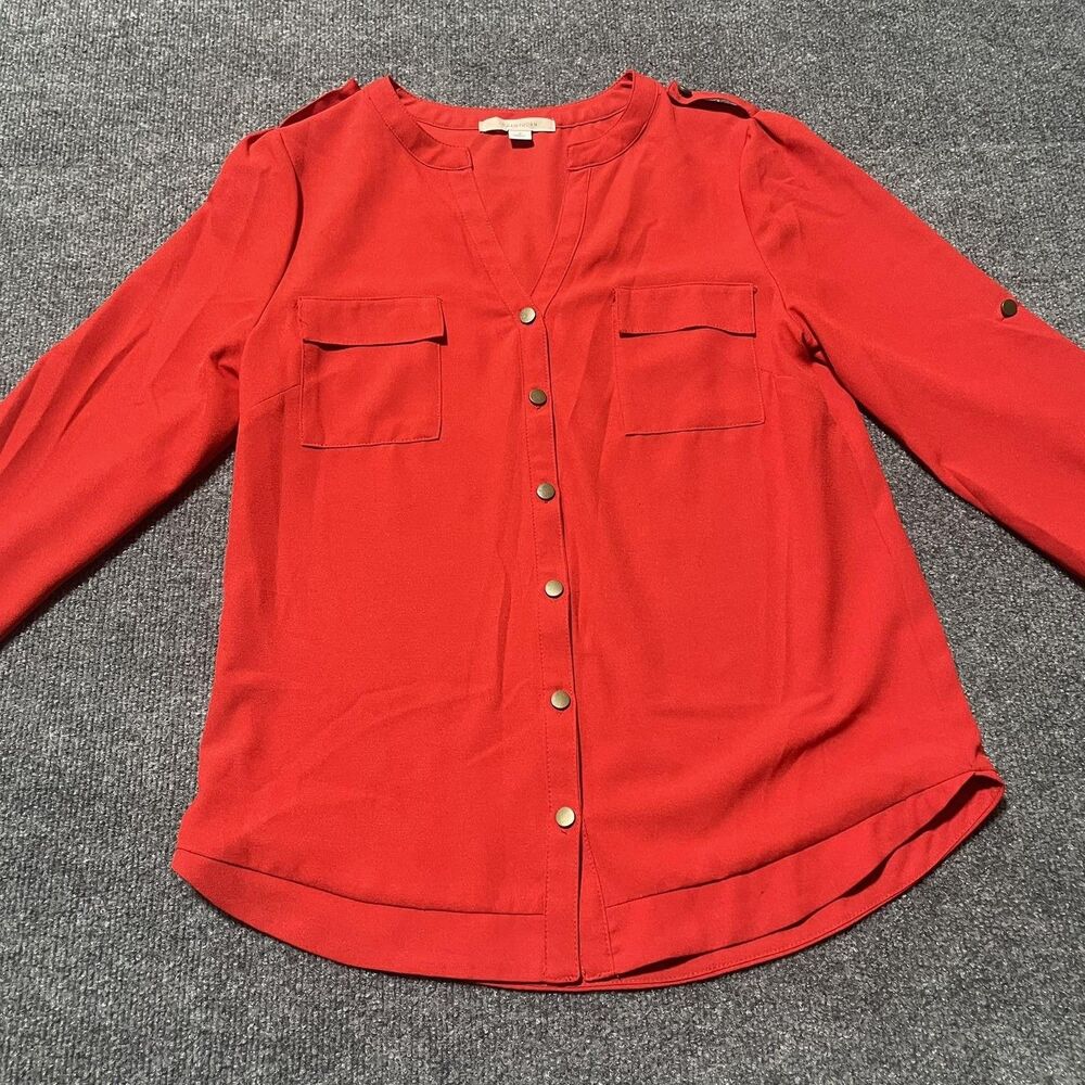 41 Hawthorn Shirt Womens Small Red V-Neck Snap Front Roll Tab Sleeves Utility